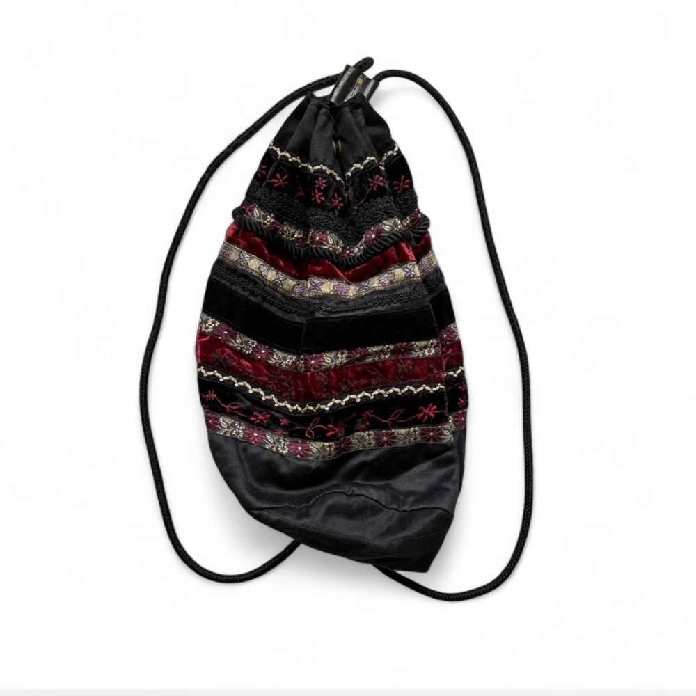 Vintage 90s Contempo Casuals Velvet Boho Hobo Drawstring Backpack Bag